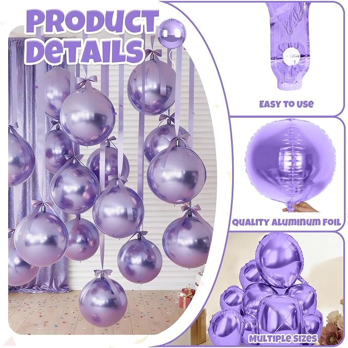 12Pcs Light Purple Round Balloons Foil, Big Metallic Purple Foil Balloons - Image 3