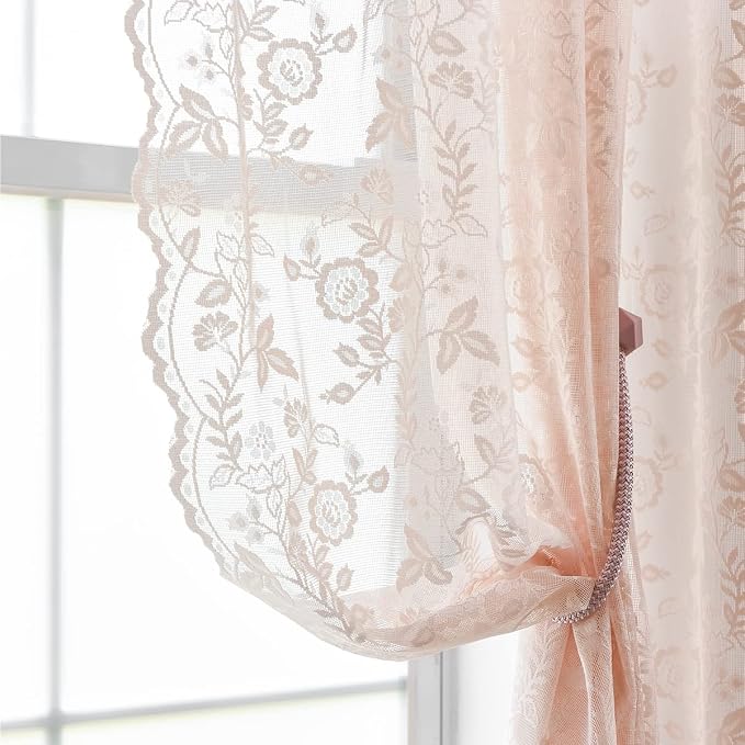FINECITY Blush Sheer Lace Curtains Rustic Leaf Floral 52 x 96 Inch 2 Panels | - Image 4