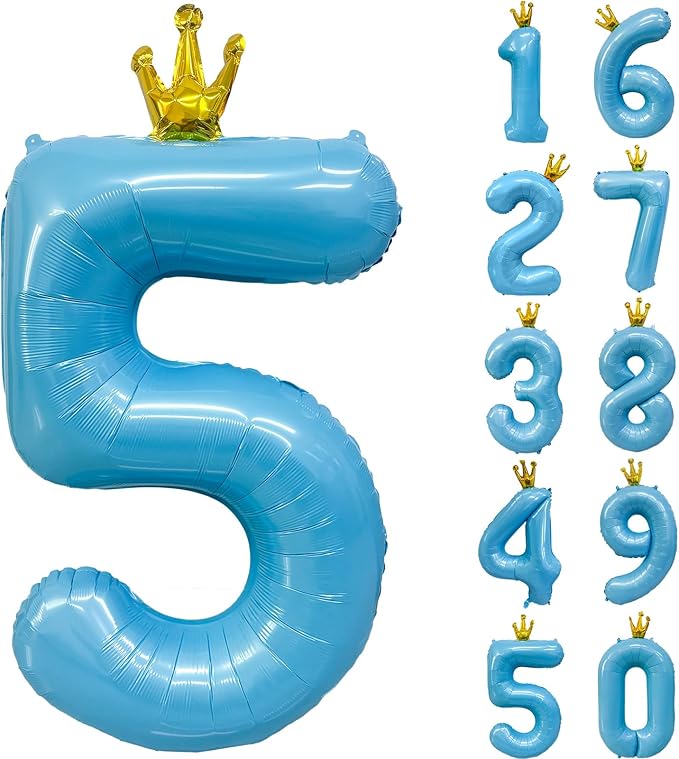 Blue Number 5 Balloon with Crown, 40 inch Blue Number Balloon 5th Birthday by Yeodong