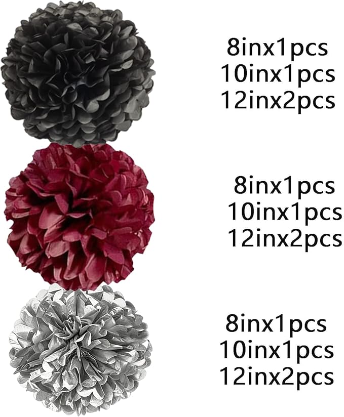 Black Burgundy and Silver Paper Pom Poms - Image 2