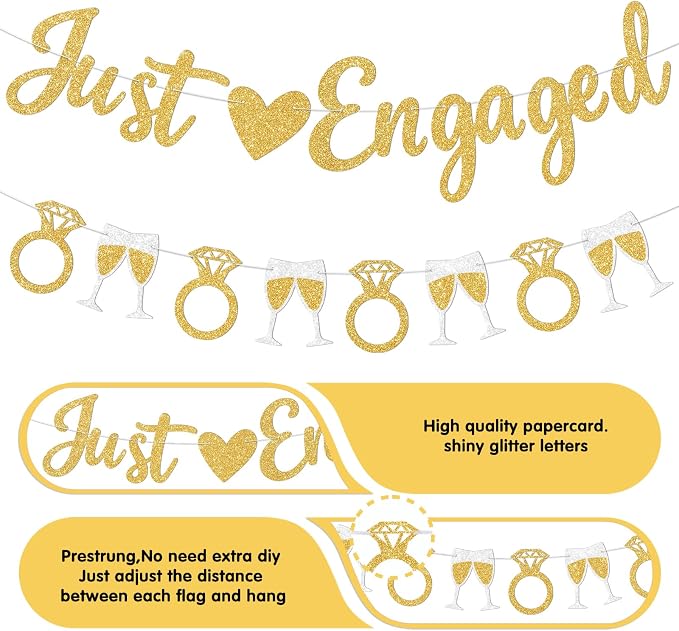 Gold Just Engaged Banner Prestrung Engagement Party Decorations Happy - Image 3