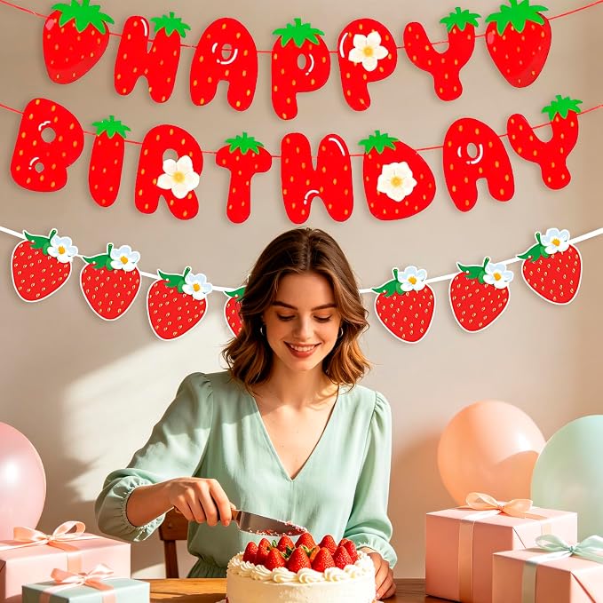 MEETINGU Strawberry Happy Birthday Banner, Strawberry Themed Birthday Party - Image 5