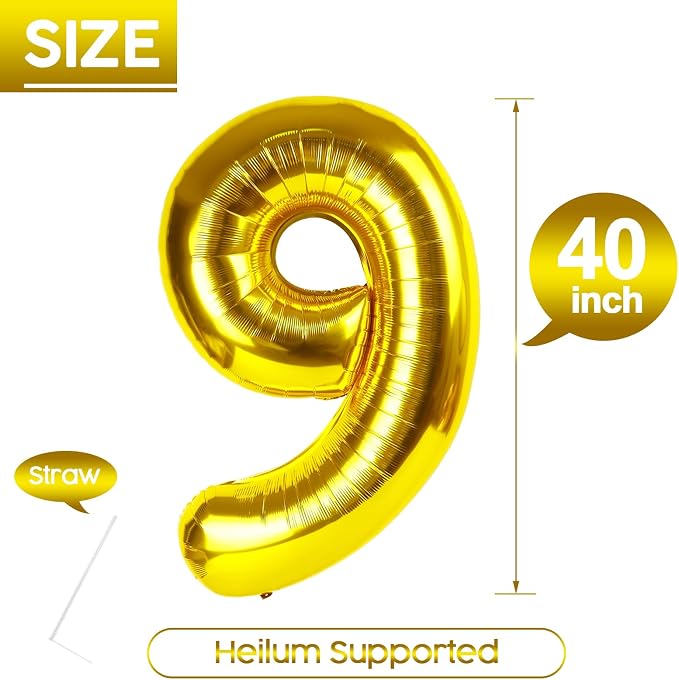 9 Balloon - Gold Birthday Number Balloons, 40 Inch Decorations Men Women | Gold - Image 5
