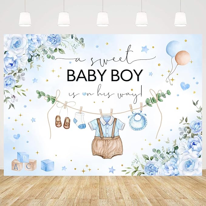 InMemory Blue Baby Shower Backdrop Oh Baby Clothes Welcome Newborn Party - Image 5