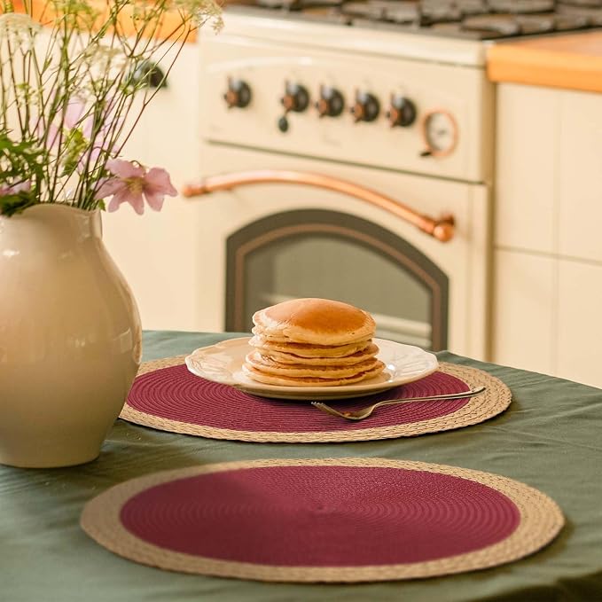 Round Placemats Set of 4, Woven Table Mats, Wide Edge, Berry Red | Braided - Image 6