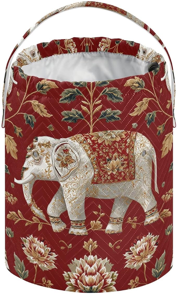 Red Floral Retro Elephants Yarn Bag Small Crochet Bag Drawstring Yarn Storage - Image 2