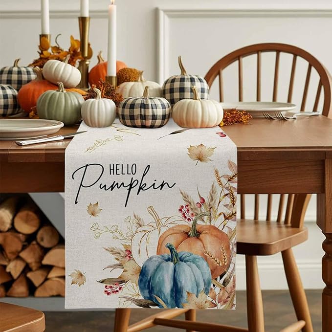 Fall Thanksgiving Cotton Linen Table Runner for Dining Kitchen, Orange Pumpkins Outdoor Party Autumn Tablerunners Decoration Rustic Wheat Leaves Dresser Scarf Coffee Tablecloth Runners 13x108 Inches