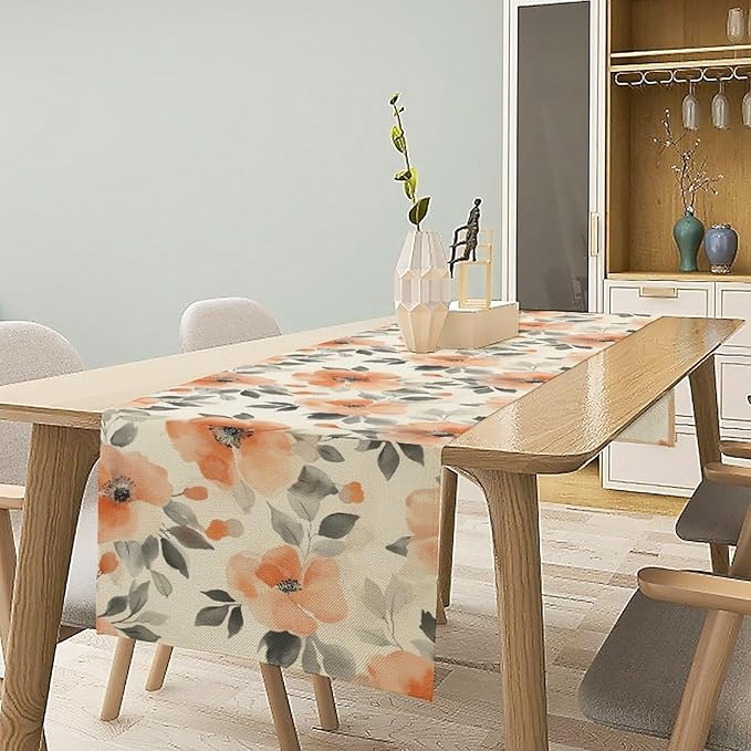 Floral Fall Table Runner, Rustic Watercolor Orange Flowers Seasonal Summer Autumn Table Runner for Kitchen Dinning Table Runner Decor Home Wedding Party Holiday, 13x90 Inch