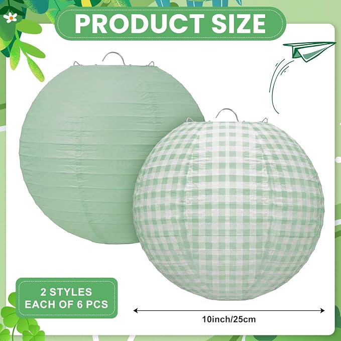 Honoson 12 Pcs Green Gingham Paper Lanterns Decoration10 Inch White and Sage - Image 2
