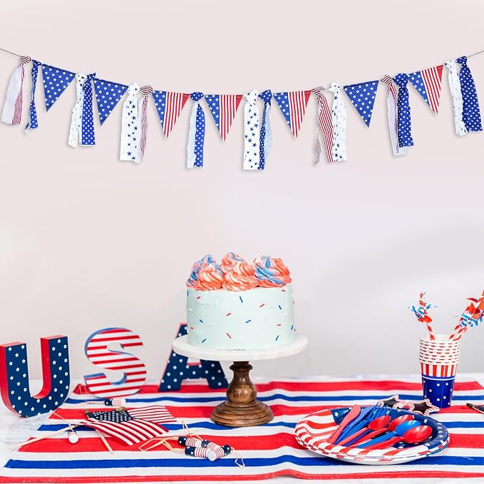 4th of July Patriotic Fabric Tassel Banner Garland – 10 FT Red White Blue - Image 4