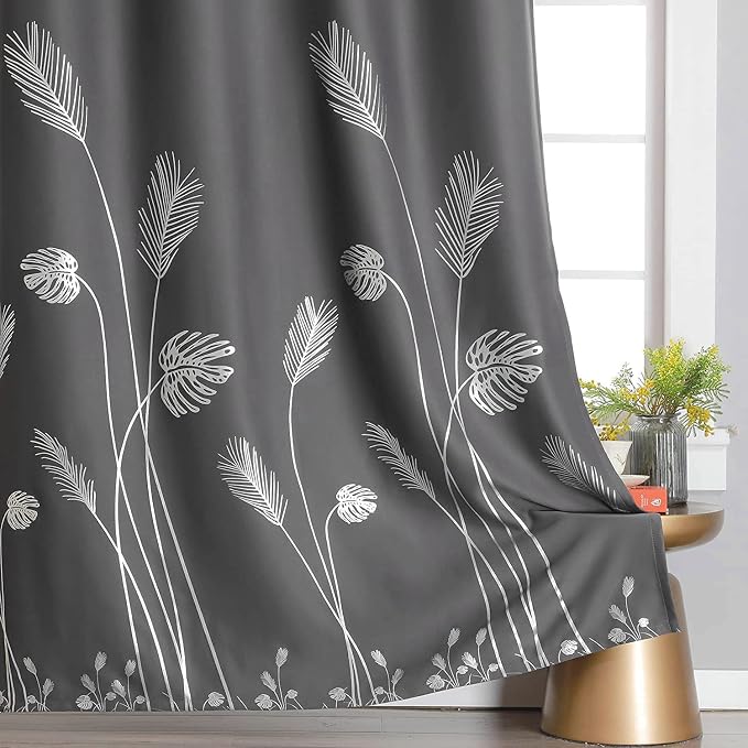 Blackout Curtains for Living Room Silver Palm Tree Printed Thermal Insulated - Image 3