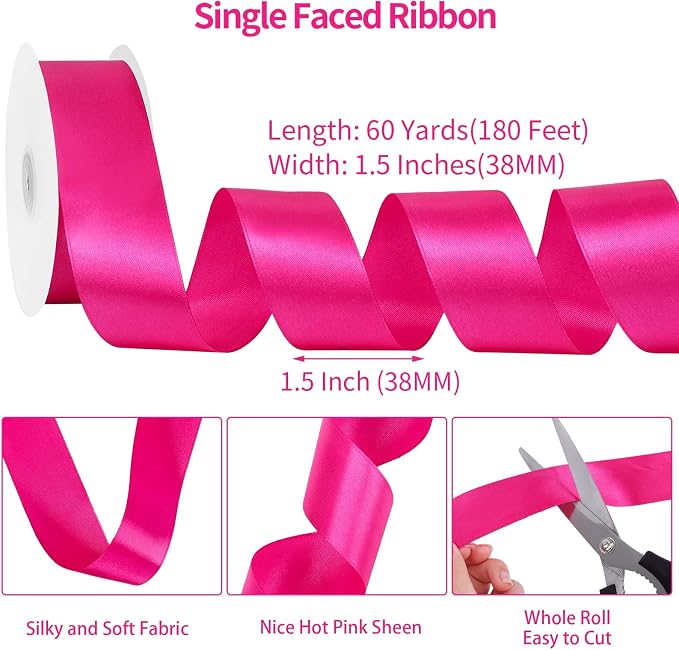 woric Hot Pink Satin Ribbon 1 1/2 Inch 60 Yards Pink Bows Decor | Polyester - Image 3