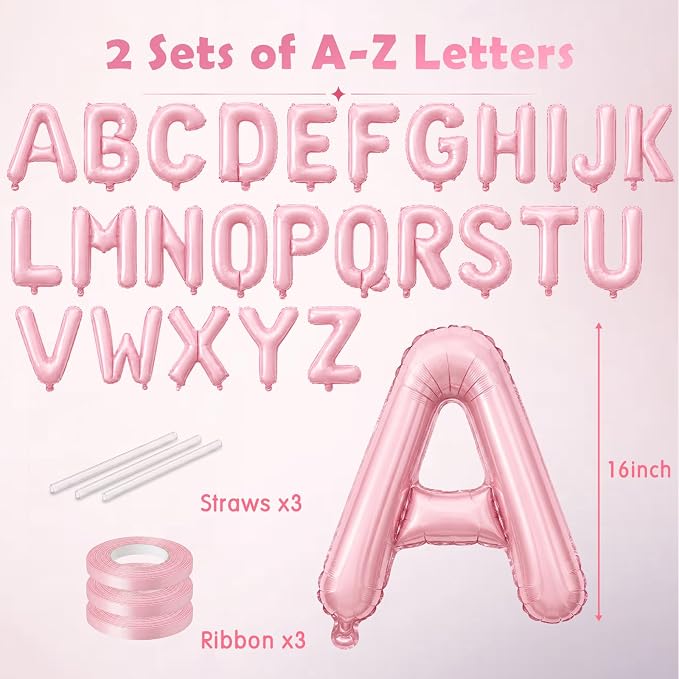 52 Pcs Pink Letter Balloons 16 Inch Mylar Foil Alphabet Letters 2 Sets A- Z - Image 2