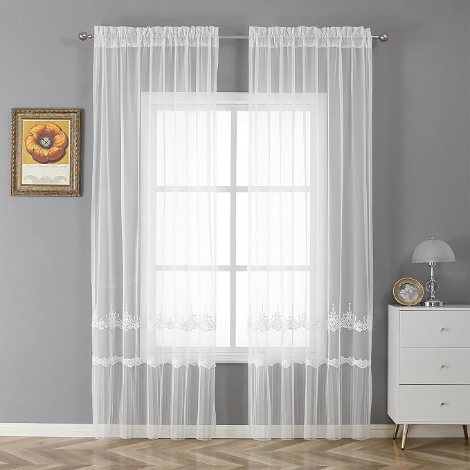 White Sheer Voile Curtains White Embossed European 54Wx72L Inch | Light - Image 2