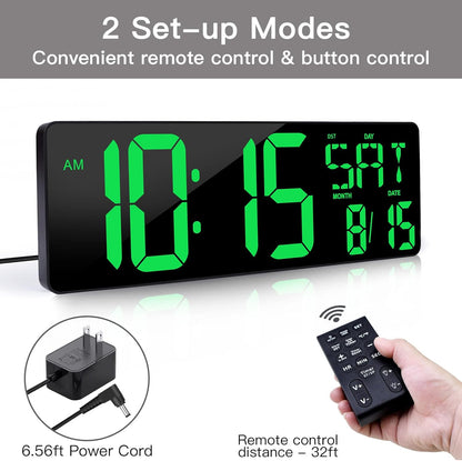 XREXS Large Digital Wall Clock with Remote Control, 16.5 Inch LED Display, Count Up & Down Timer, Adjustable Brightness, Plug-in Alarm Clock with Day/Date/Temperature for Home, Gym, Classroom