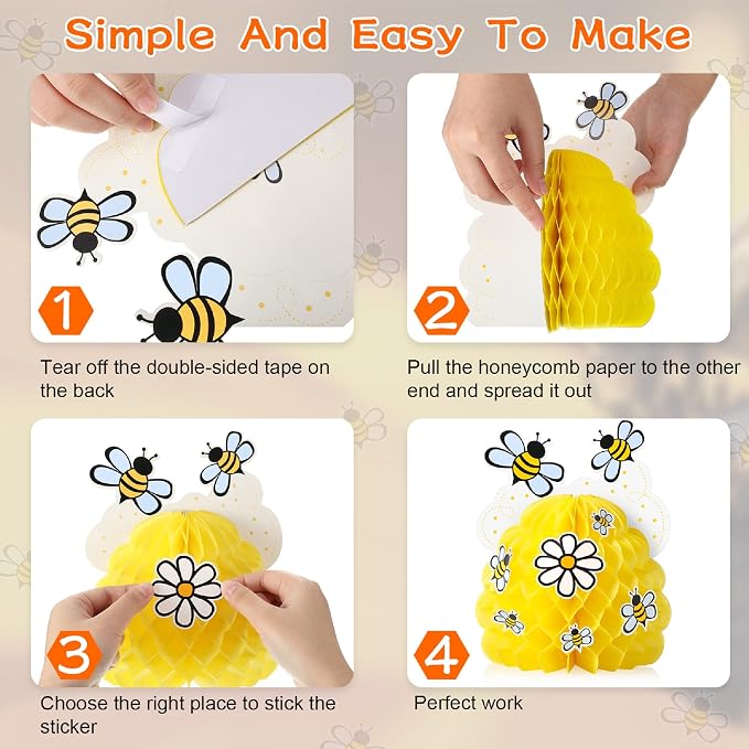 Zonon 4 Pieces Honey Bee Centerpieces Honeycomb Decorations Yellow Bee - Image 4