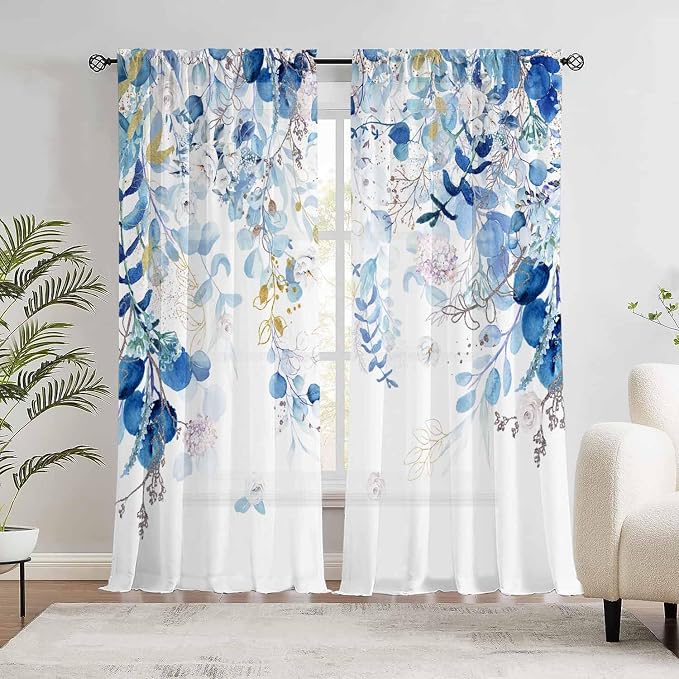 Blue and White Curtains for Living Room Spring Summer Blue Eucalyptus Leaves - Image 3