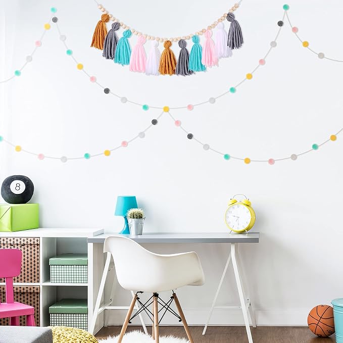 Syhood 3 Pcs 79" 2 Pom Pom Garland Wall Decor and 36" 1 Boho Tassel Garland - Image 7