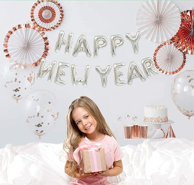 TONIFUL Silver Happy New Year Balloons 16 Inches Mylar Foil Letter Sign Banner - Image 5