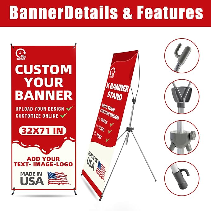 Custom Banner with X Stand 32" X 71", Banners and Signs Customize, Portable - Image 5