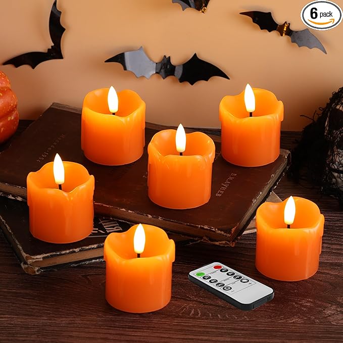 Eywamage Orange Flameless Votive Candles with Remote Batteries, Dripping Wax Halloween Fall LED Candles Set of 6 Φ 2" H 2"