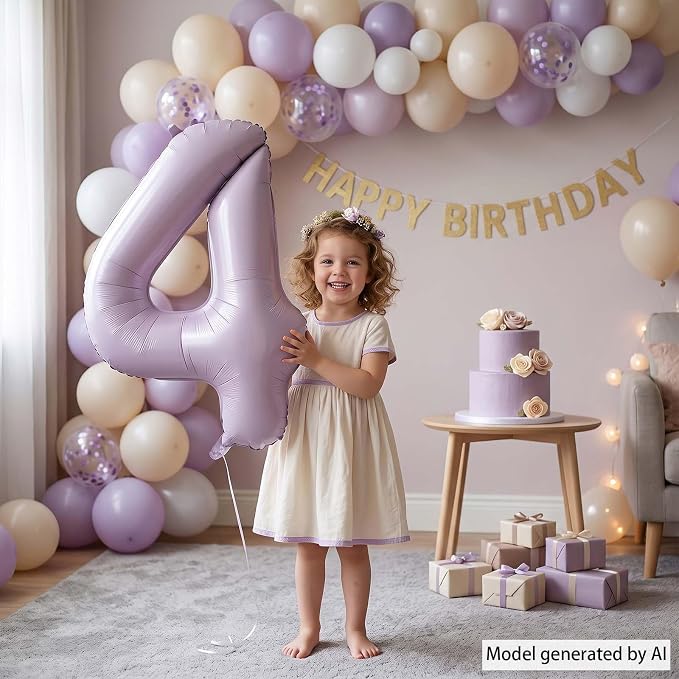 Cream Purple Number 4 Balloon 40 Inch, Foil Numeral - Image 6