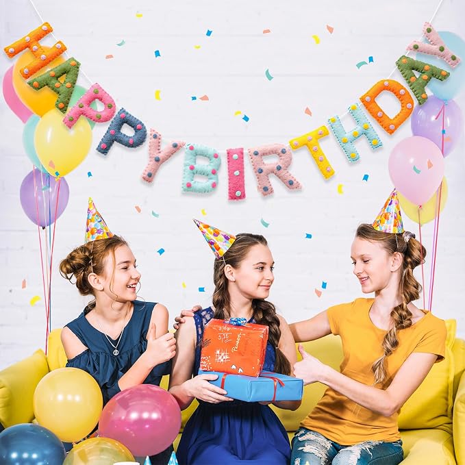 Pre-Strung Unique Handmade Wool Felt Colorful Happy Birthday Banner Garland | - Image 3