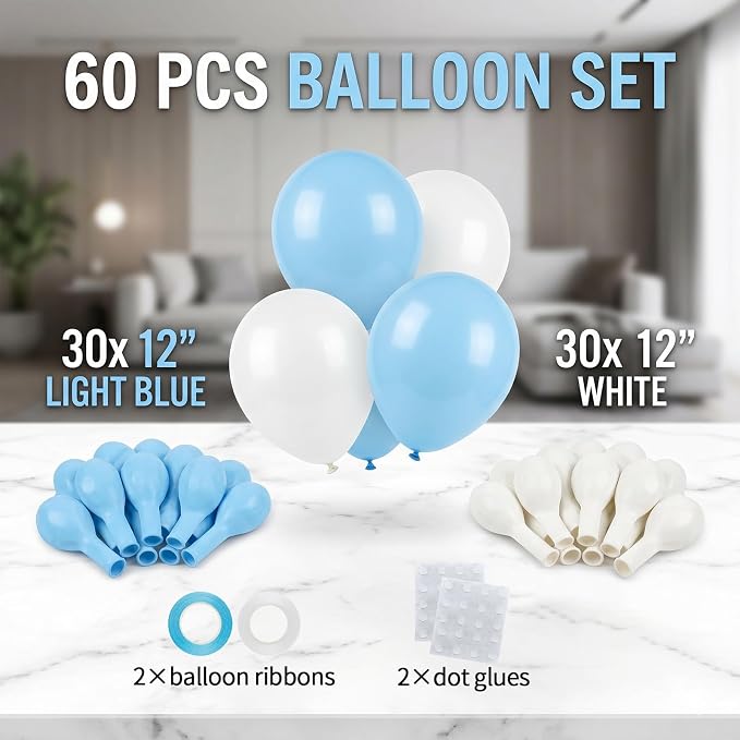 60pcs Blue and White Balloon Kit, 12 Inch Pastel Light Blue White Balloons - Image 2