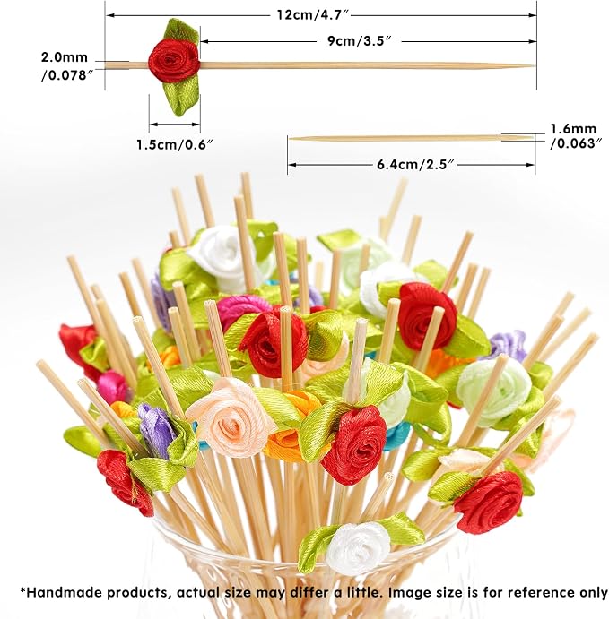 Minisland Multicolor Rose Flower Cocktail Picks, 4.7 Inch Long Bamboo Fancy - Image 2