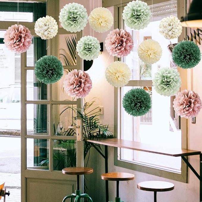 16pcs Dusty Rose Olive Sage Green Tissue Paper Pom Poms Flowers Sage Green - Image 4