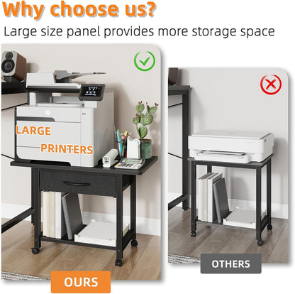 22"x15" Large Printer Stand with Storage Drawer, 2-Tier Under Desk Printer Table for Home Office, Printer Cart fit Fax Machine/3D Printer/Scanner(Black)