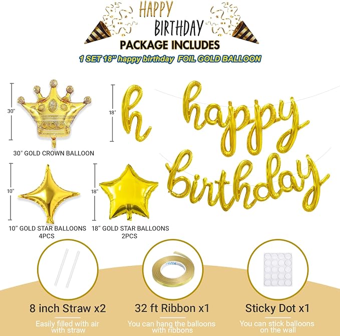 Gold Happy Birthday Balloons Banner 18 Inch Script/Cursive Foil Mylar Letter - Image 2
