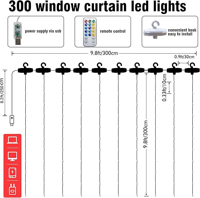 Dazzle Bright Window Curtain String Lights, 300 LED 9.8ft x 9.8ft Multicolor Fairy Lights with 8 Lighting Modes, Waterproof Lights for Bedroom Party Wedding Home Garden Wall Decor