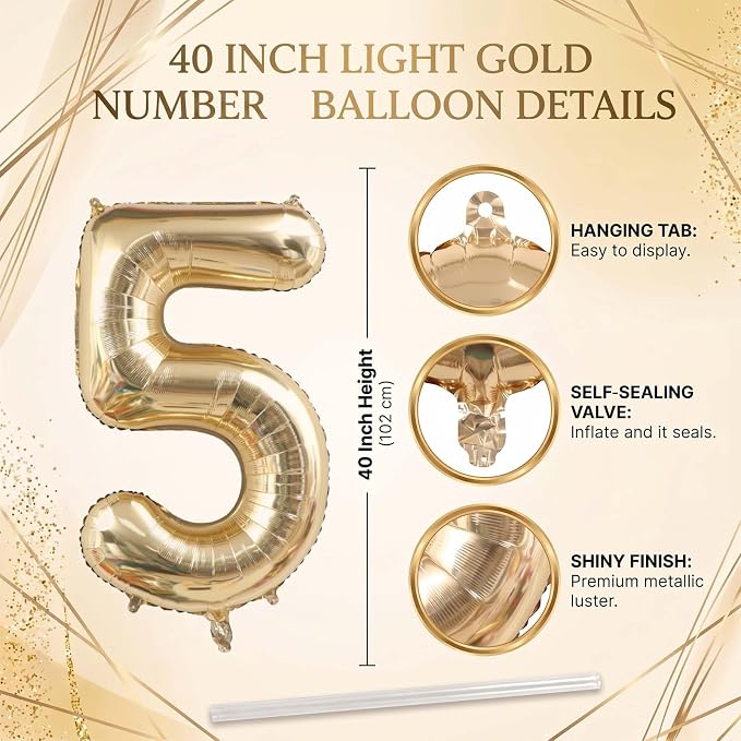 White Gold Number 5 Balloon 40 Inch, Metallic Foil Numeral - Image 4