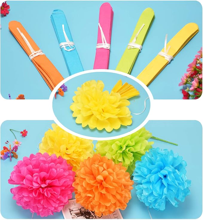 Colorful Paper Party Decorations, Tissue Paper Flower&Party Pom Poms wth Swirl - Image 2
