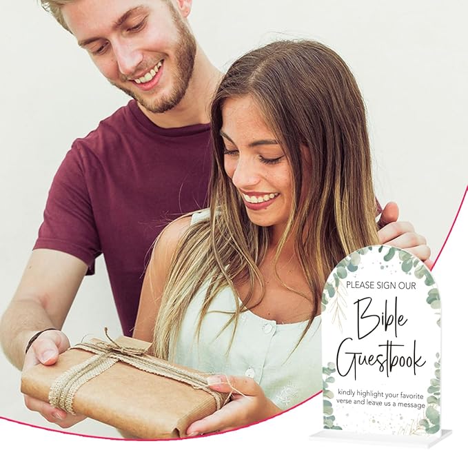 Boho Wedding Bible Guest Book Sign Our Bible Wedding Sign Acrylic Arch Wedding Bridal Baby Shower Welcome Table Signs for Ceremony and Reception Decor 7 x 5 Inches
