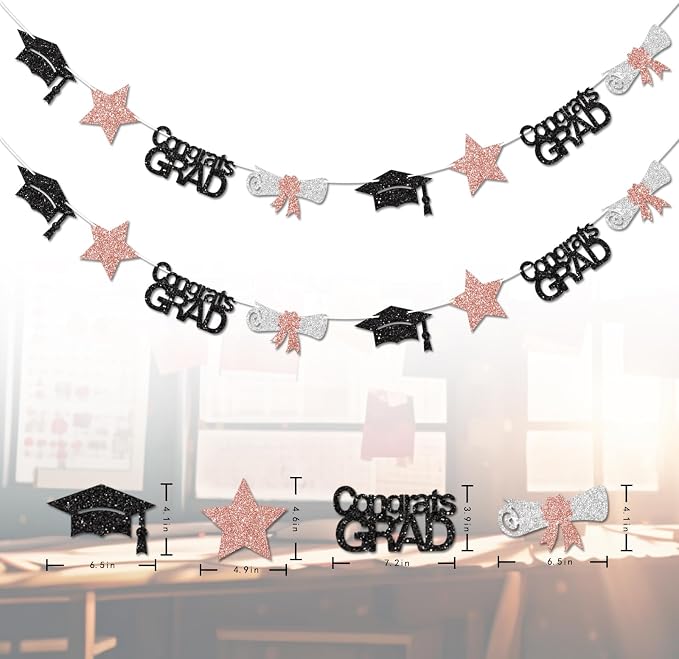 Black and Rose Gold Congrats Grad Banner Graduation Decorations Class of 2026 - Image 3