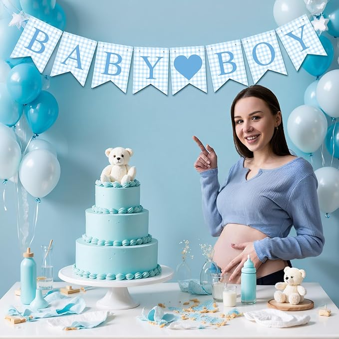 Hahafelt 1 Pcs Blue Gingham Baby Boy Banner - Image 6