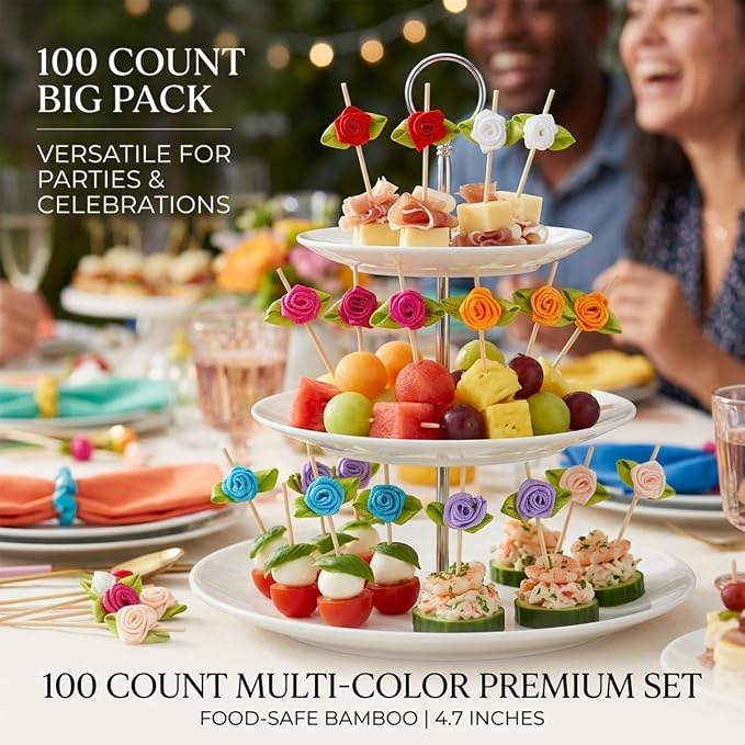 100PCS 4.7" Flower Cocktail Picks, Ribbon Rose Toothpicks Appetizer Skewers | - Image 2