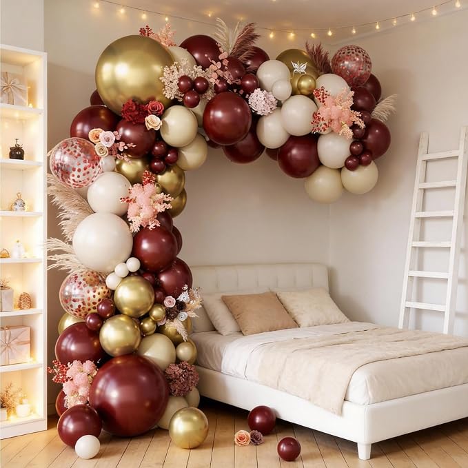 Burgundy Balloon Garland Arch Kit, Maroon Metallic Gold Nude Balloons - Image 3