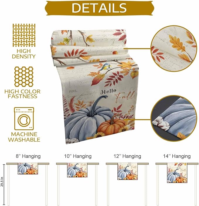 Thanksgiving Fall Cotton Linen Table Runner for Dining Kitchen, Blue Pumpkins Rustic Wedding Outdoor Party Autumn Tablerunners Decoration, Leaves Dresser Scarf Coffee Tablecloth Runners 13x48 Inches