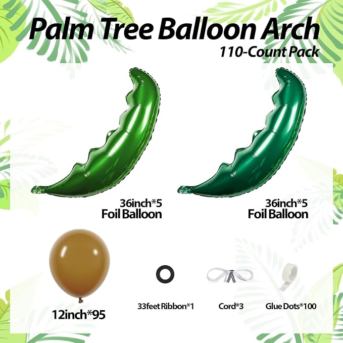 Palm Tree Balloons Set with Green Tree Leaves Foil Brown Balloons | Tropical - Image 2