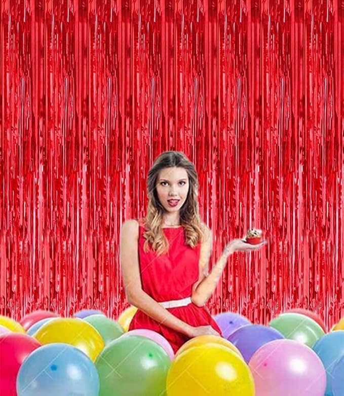 2 Pcs 3.2ft x 8.2ft Shiny Red Metallic Tinsel Foil Fringe Curtains Photo Booth - Image 4