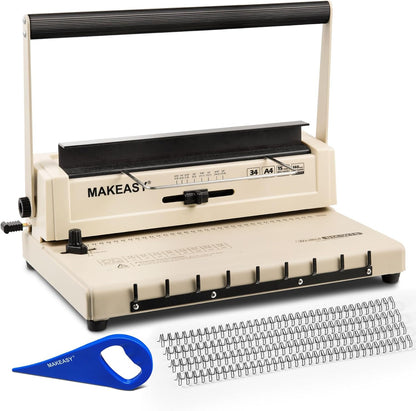 MAKEASY Binding Machine - Wire Binding Machine, 34 Hole, 15 Sheets Punch Capacity, Metal Book Maker Machine with 1 Box Wire Spines & Ring Opener