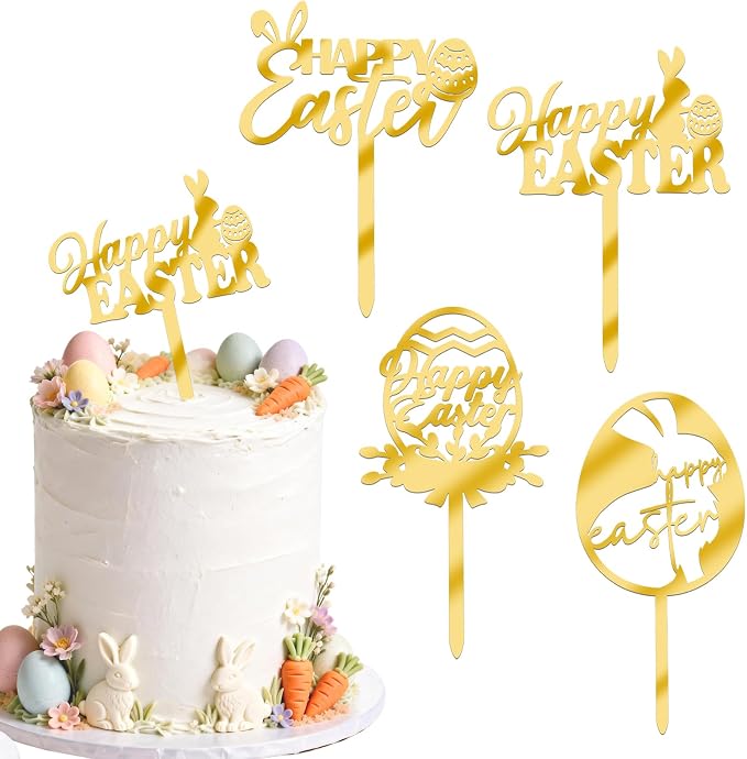 8Pcs Gold Happy Easter Cake Toppers Bunny Cupcake Decor by Wolpark