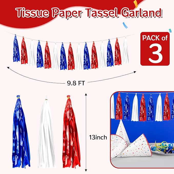 2 Pack Blue Red White Metallic Tassel Garland - Image 2
