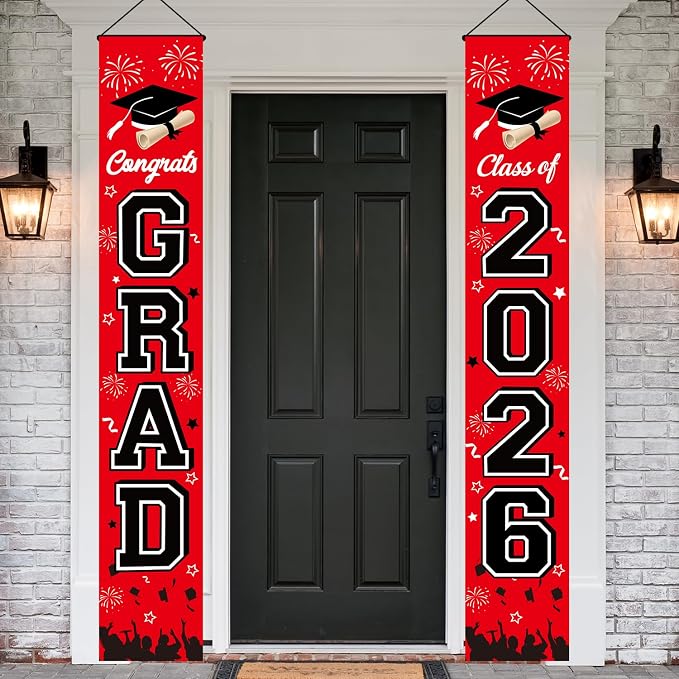 Graduation Decorations 2026 Porch Banner, Congrats Grad Class of 2026 Banner Red by MAMFEOV