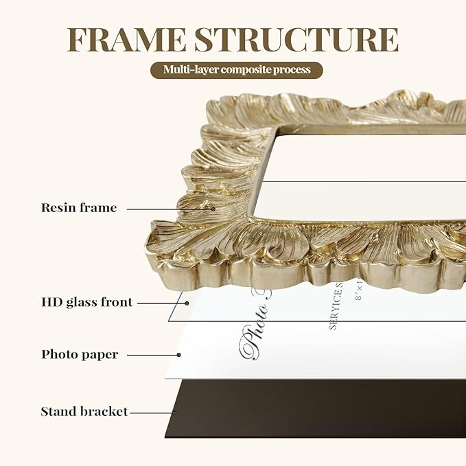 Cuspin 8x10 Picture Frame Vintage Gold Frames, Elegant Photo Frame with Glass Front, Palm Leaves Textured Hand-Crafted Resin Frame for Wall and Tabletop Display Home Decor