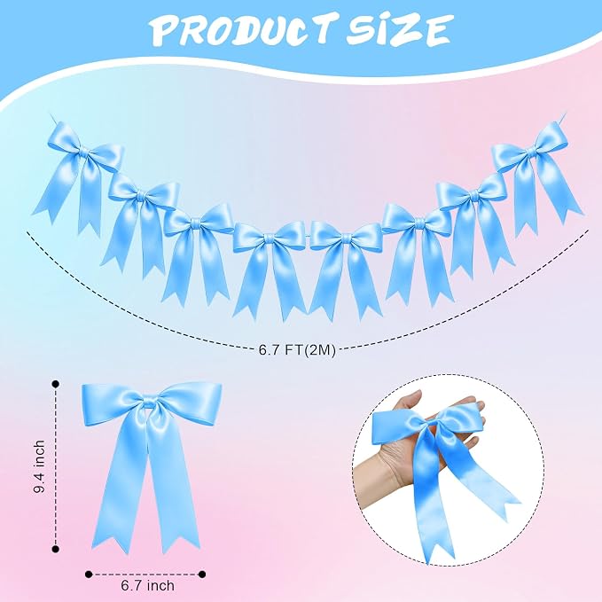 1 String of 8PCS Blue Bow Garland Banner Decoration, Pre-Strung Satin Ribbon - Image 2