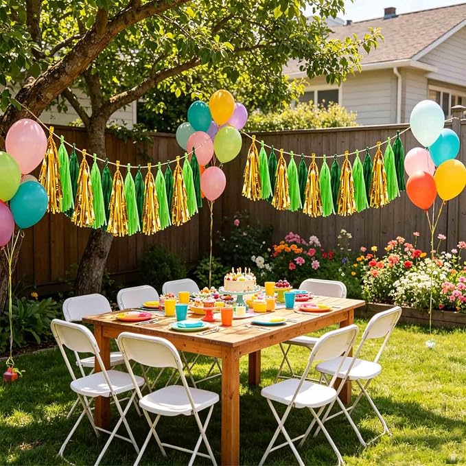 Green and Metallic Gold Tassel 30Pcs Tissue Paper Tassels Garland DIY Hanging - Image 4